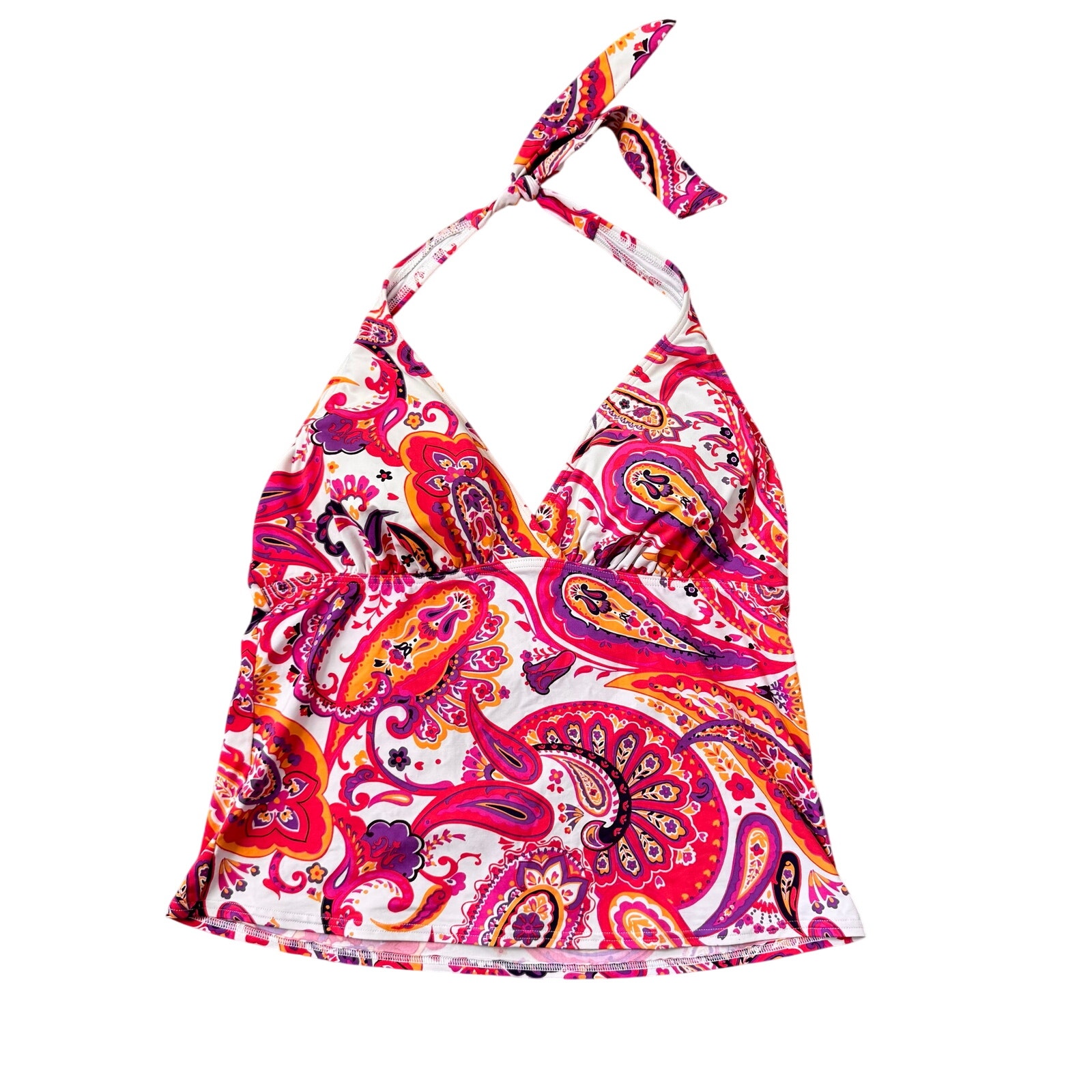 Lands End Paisley Tankini Top Size 12 Halter Swim Pink Orange Y2k Colorful